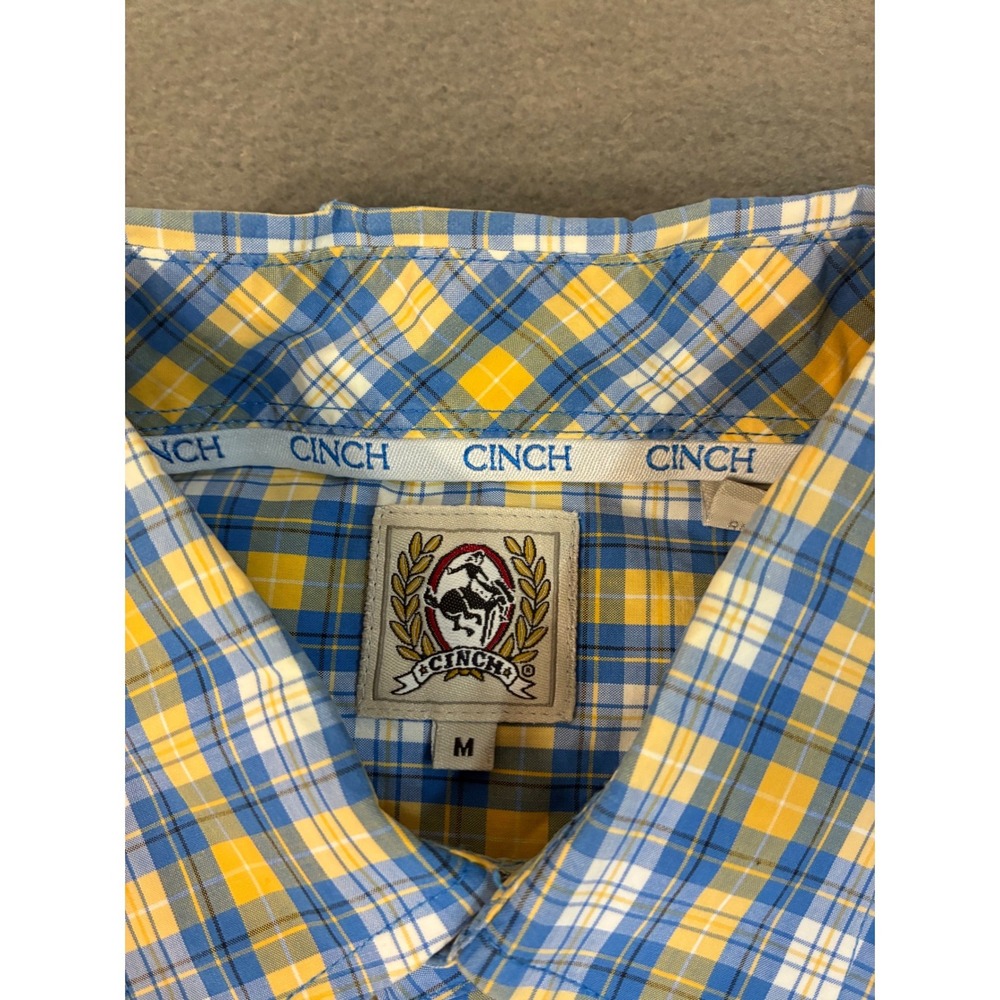 Cinch Mens Medium Button Down Shirt Cotton Blue Yellow Plaid Long Sleeve Pocket - Picture 3 of 8